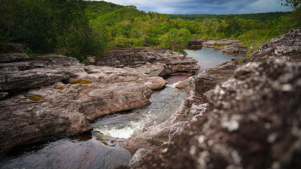 Caño cristales desde una perspectiva donde se ven sus grandes rocas