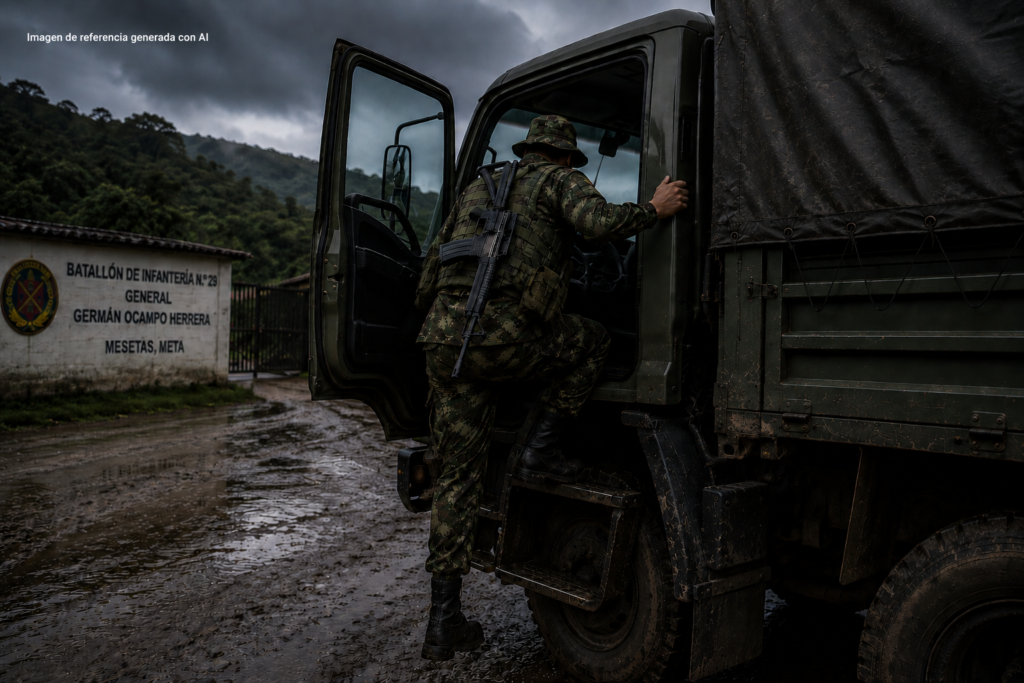 Imagen de un soldado subiendo a camion, en su espalda se veria el fusil que robo, esta imagen fue generada con AI